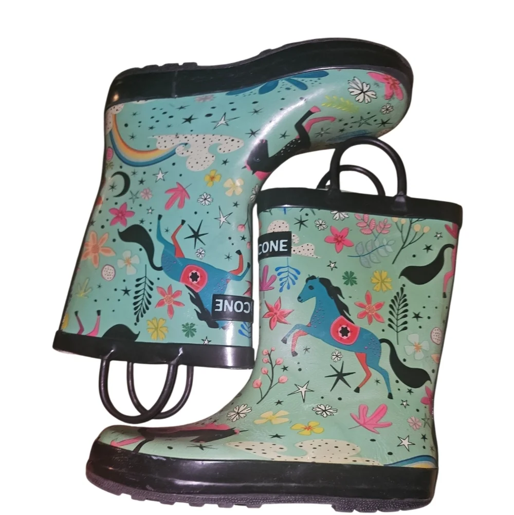 Lone Cone Kids' Mint Floral Horse Rain Boots